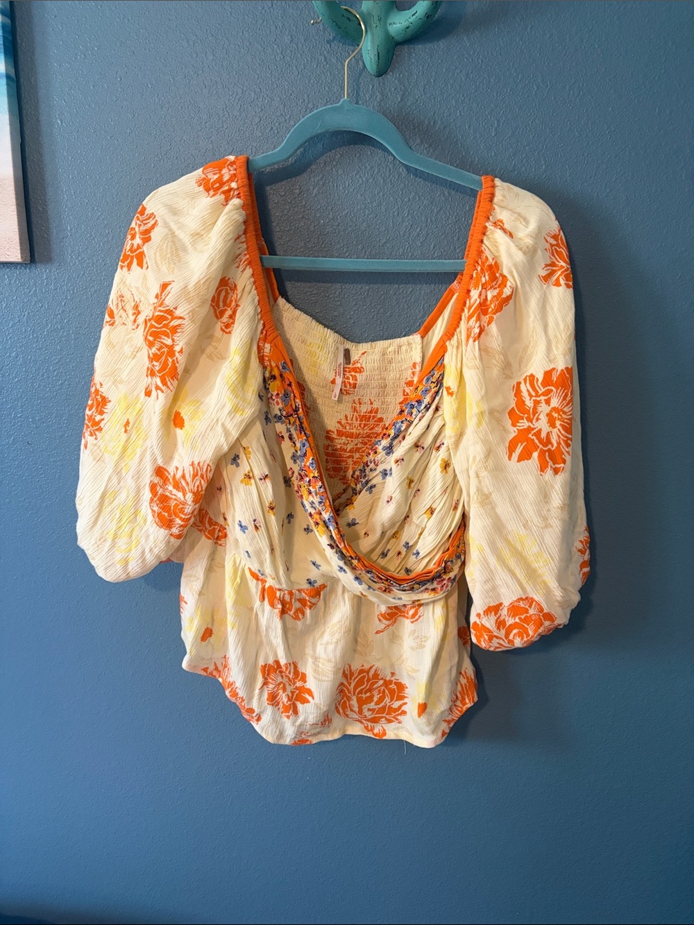 Free People Cream Blouse with Orange Floral Print